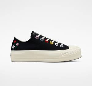 Converse Chuck Taylor All Star Lift Platform Floral Embroidery Low Tops Shoes Black / Multicolor | CV-619XVC
