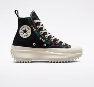 Converse Run Star Hike Platform Floral Embroidery High Tops Shoes Black | CV-029JHP