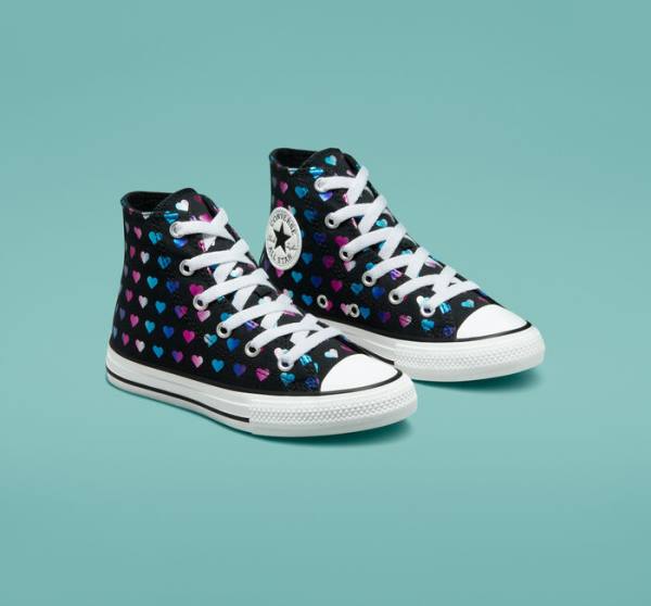 Converse Chuck Taylor All Star Foil Hearts High Tops Shoes Black / White / Pink | CV-528VJB