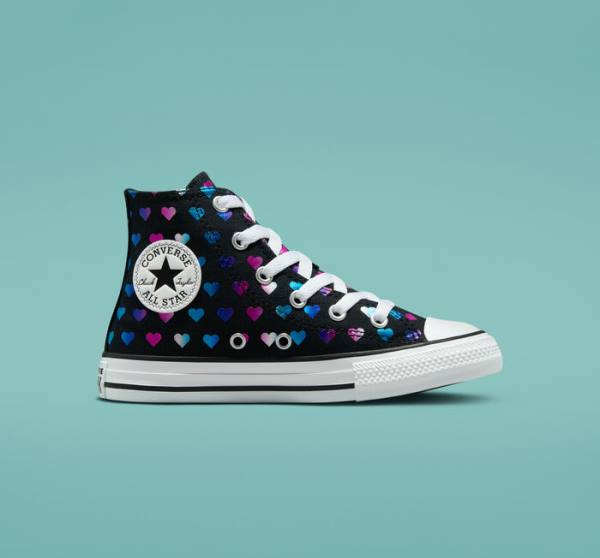 Converse Chuck Taylor All Star Foil Hearts High Tops Shoes Black / White / Pink | CV-528VJB