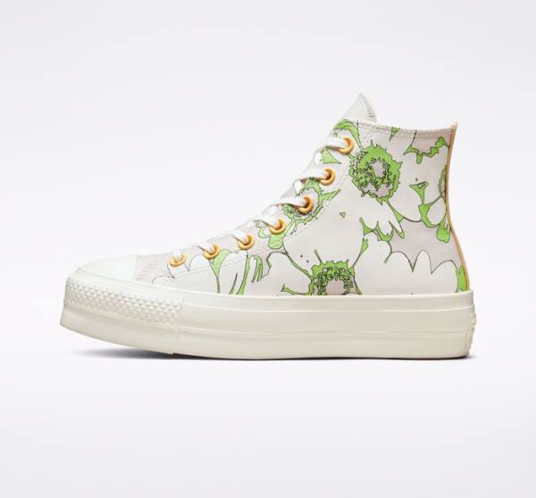 Converse Chuck Taylor All Star Lift Platform Crafted Florals High Tops Shoes Brown / Light Green | CV-398BAQ