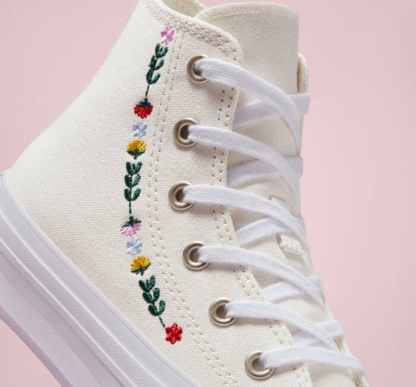 Converse Chuck Taylor All Star Lift Platform Floral Embroidery High Tops Shoes White / White | CV-804UFH