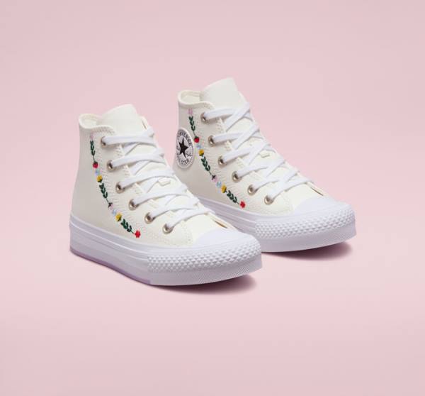 Converse Chuck Taylor All Star Lift Platform Floral Embroidery High Tops Shoes White / White | CV-804UFH